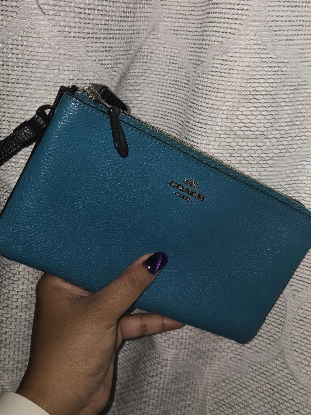 Coach Teal & Navy Large Leather Double Zip Wristlet